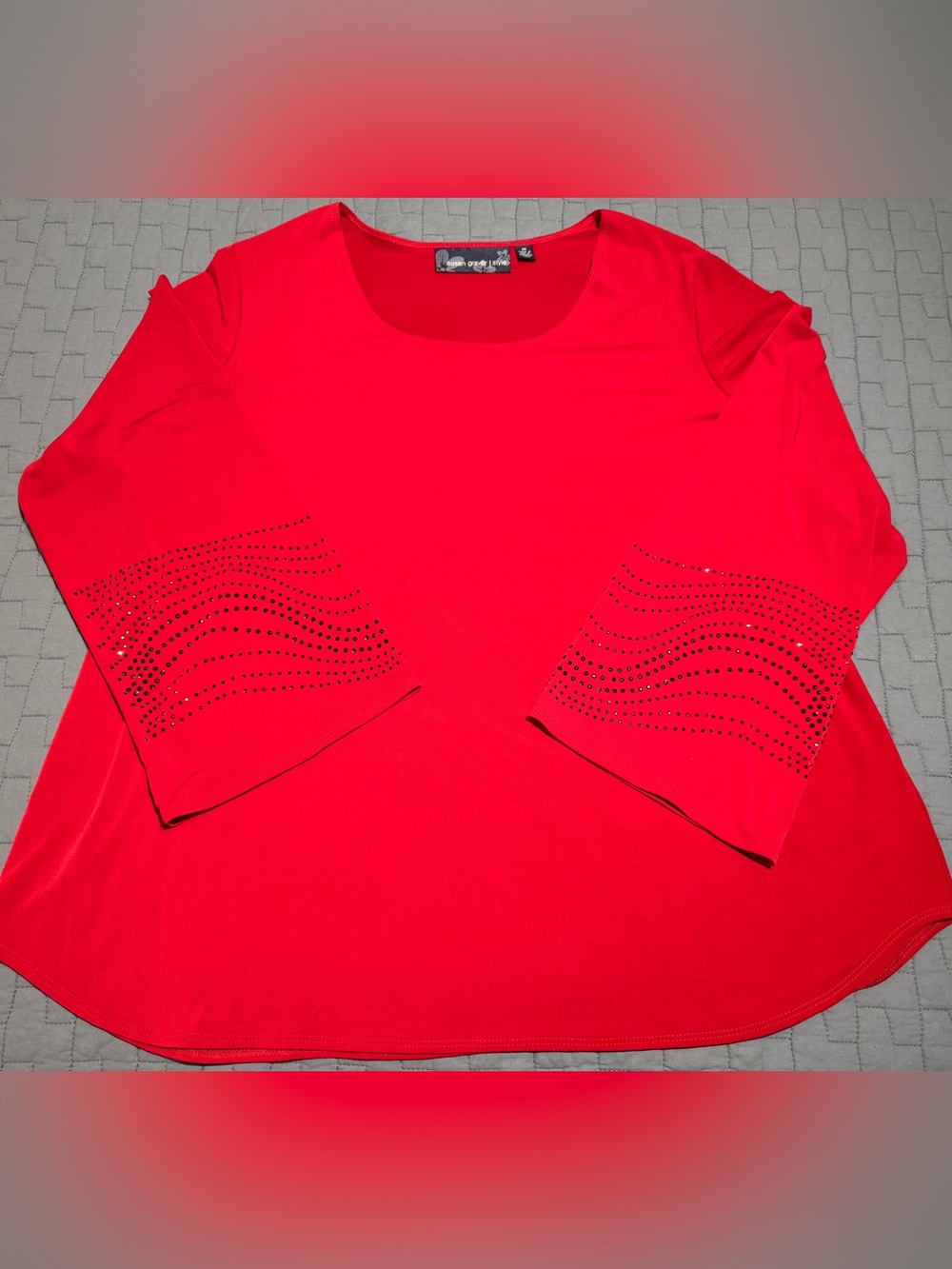 Susan Graver Red Long Sleeve Scoop Neck Top with Studded Wave Sleeves